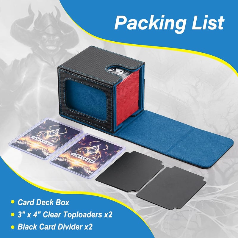 Stepane MTG Deck Box, Double Display Window MTG, Commander Deck Box Fits 120+ Single Sleeved Cards, PU Leather Magnetic Closure Card Box with 2 Dividers&2 Toploaders for TCG, CCG, Black/Blue - Image 4